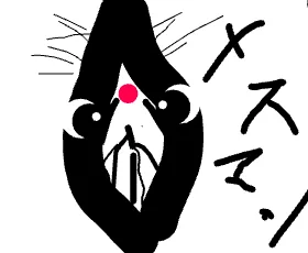 黒い鳥のようなキャラクターと赤い丸が描かれた白黒イラスト