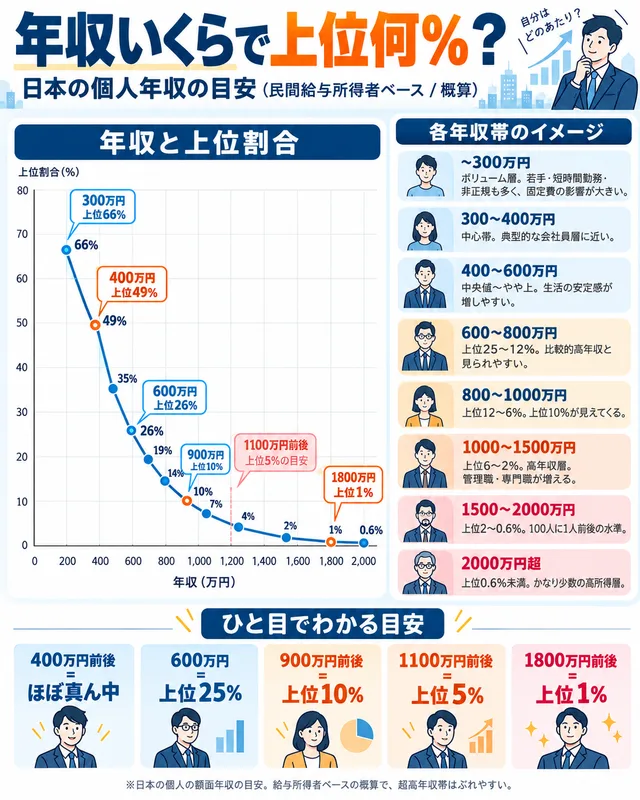 日本の個人年収の目安を、年収帯ごとの上位割合やグラフ、人物イラストで示したインフォグラフィック