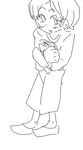 短髪の子どもが腕を抱えて立っている線画