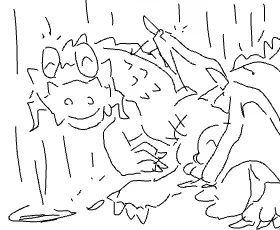 雨の中で2匹のカエルのような生き物が向かい合っている線画