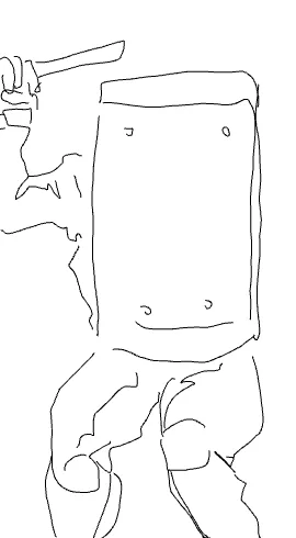 四角い頭の人物が長い棒状のものを掲げている手描きの線画。