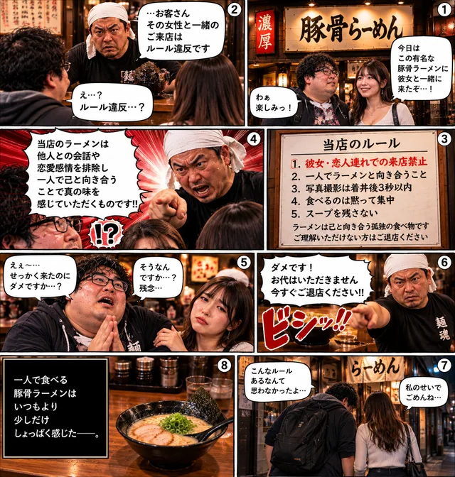 ラーメン店で、店主が男女客にルール違反を告げている漫画風の8コマ画像。