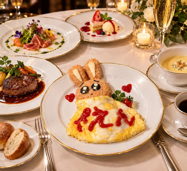 ウサギの形に盛り付けたオムライスを中心に、ステーキや前菜、デザートが並ぶ食卓