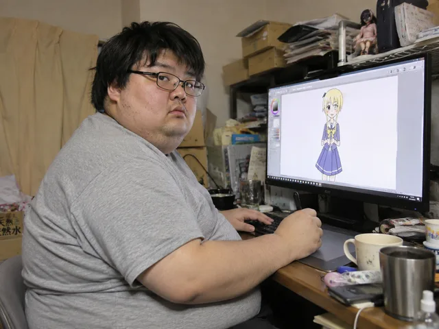 眼鏡をかけた男性が、アニメキャラクターを表示したモニターの前に座っている。