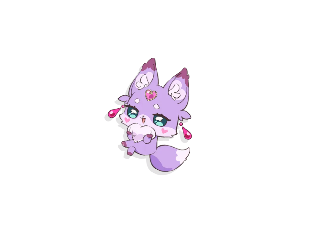 ハートの飾りをつけた紫色のキツネのキャラクター