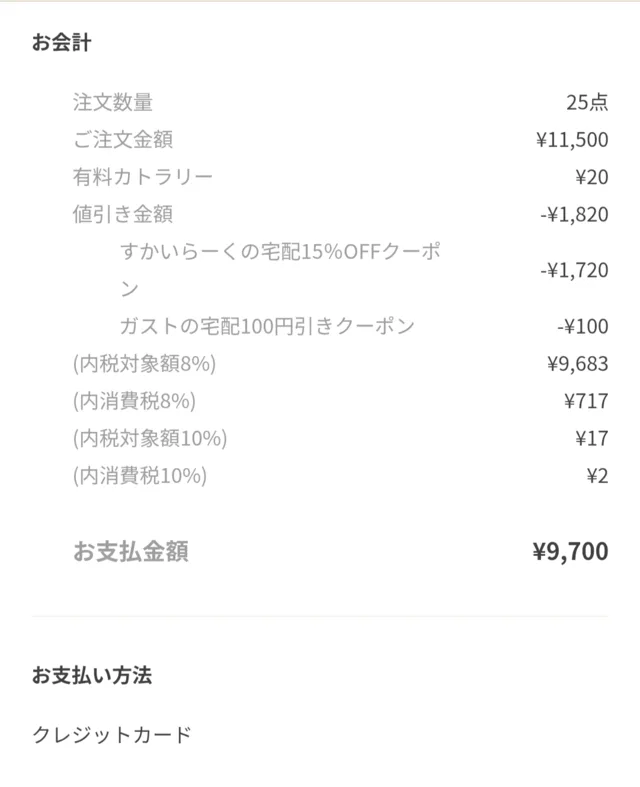 注文25点、支払金額9700円、クレジットカード決済の明細画面