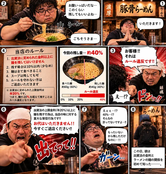 ラーメン店で麺を残した客に店主が退店を求める様子を描いた漫画