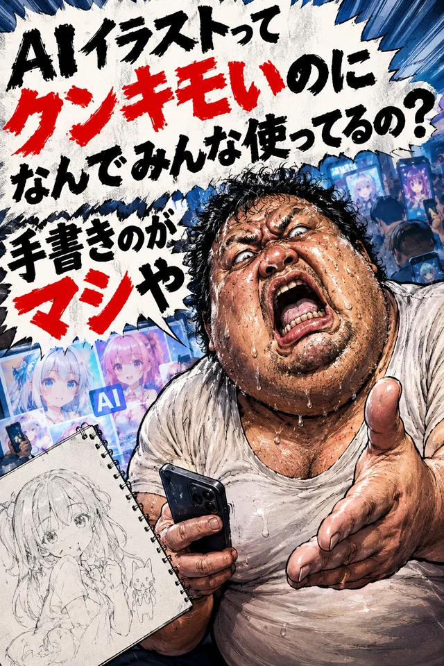 汗だくでスマートフォンを持ち、手描きのイラスト帳を抱えた男性の風刺的なイラスト