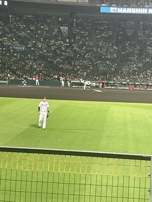 観客席を背に、野球場の芝生に立つ阪神の選手。
