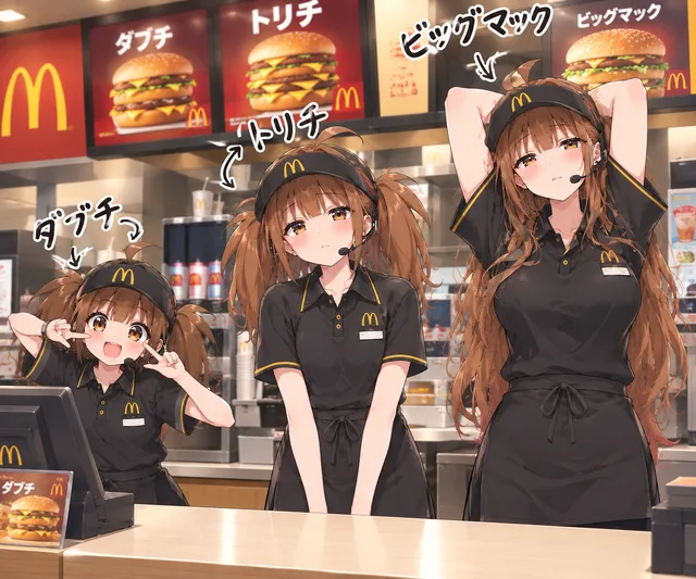 マクドナルドの店内で、制服姿の3人の女性キャラクターが並んでいるイラスト