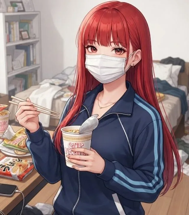 マスクをした赤髪の女性が、部屋でカップ麺を食べているイラスト
