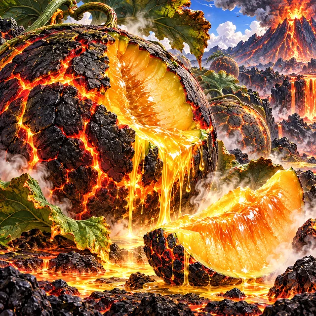 溶岩が流れる火山の風景に、巨大なオレンジのような果実が描かれている