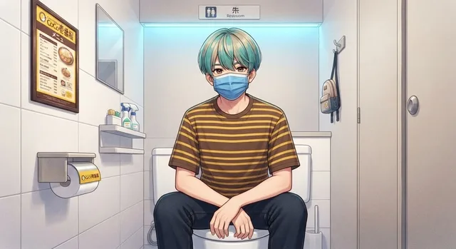 マスクを着けた青緑色の髪の人物が、トイレに座っているイラスト
