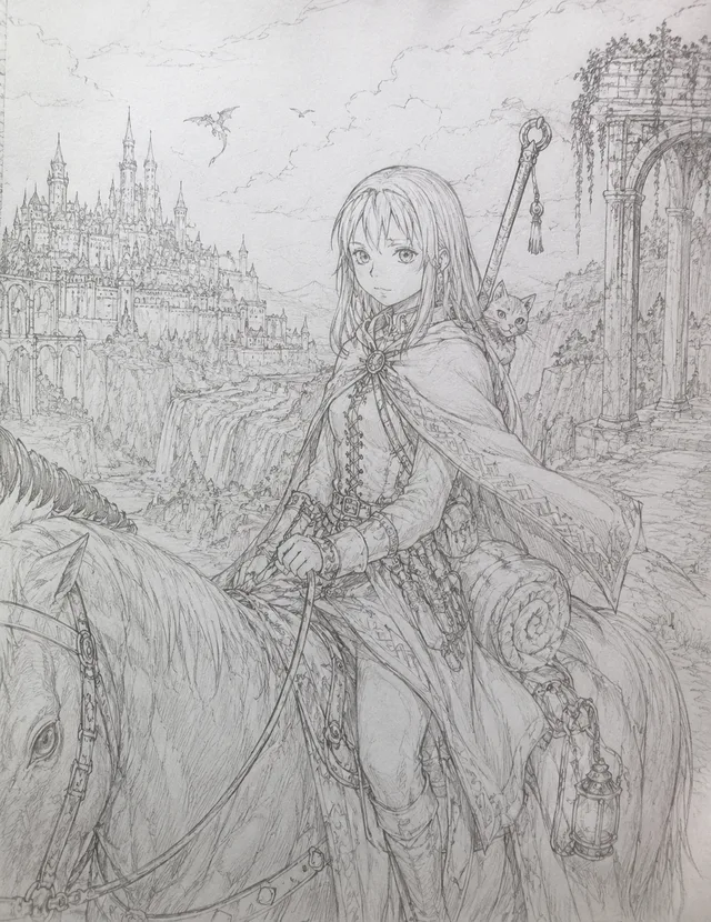 馬に乗った女性と肩越しに顔を出す猫、奥に城が描かれた鉛筆画