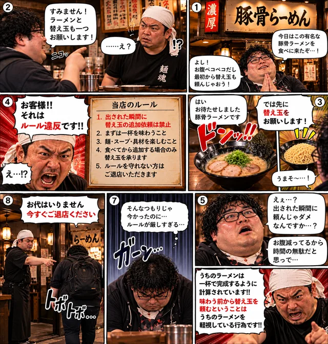ラーメン店で店主が客にルール違反を告げ、退店を促す漫画
