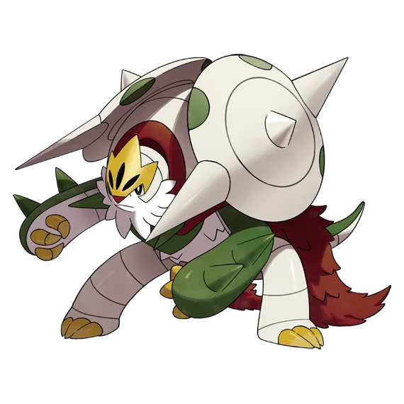 白と緑の大きな殻を背負った、赤いたてがみの動物風キャラクター