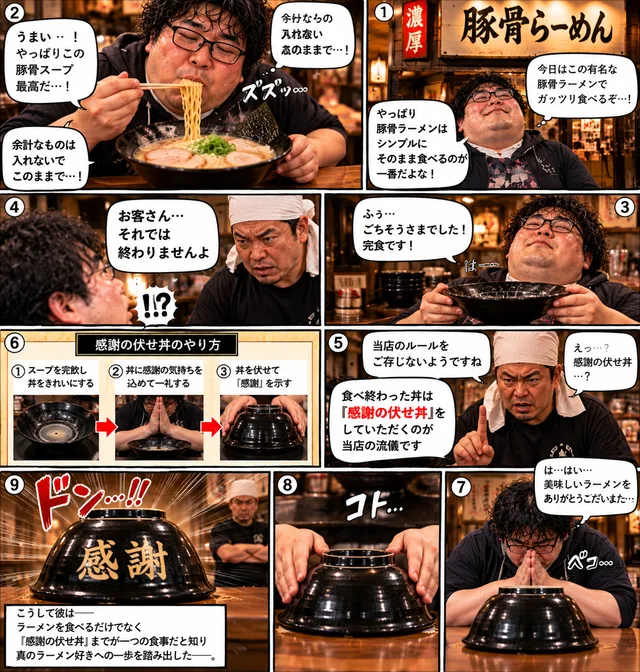 男性がラーメンを食べ、店主から食後の丼の作法を教わる漫画風の画像。