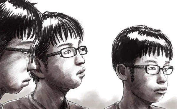 眼鏡をかけた3人の人物を描いたモノクロのイラスト