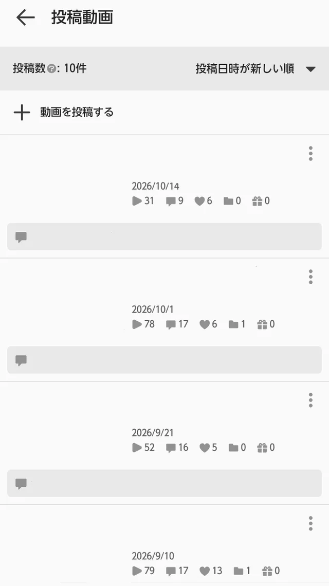 投稿動画の一覧画面。投稿日と再生数、コメント数などが表示されている