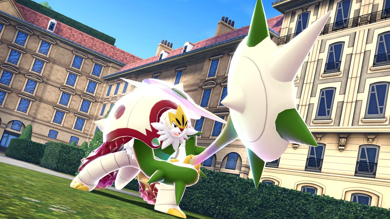 ゲーム画面で、緑と白のポケモンが中庭で向かい合っている。