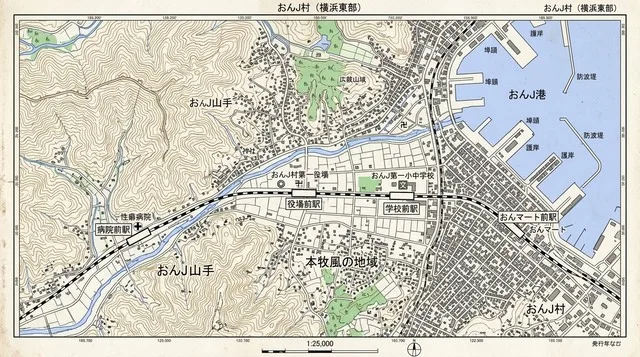 山地と港、道路や市街地が描かれた地形図