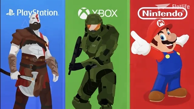 PlayStation、Xbox、Nintendoのロゴと、それぞれを象徴するゲームキャラクターが並んだイラスト