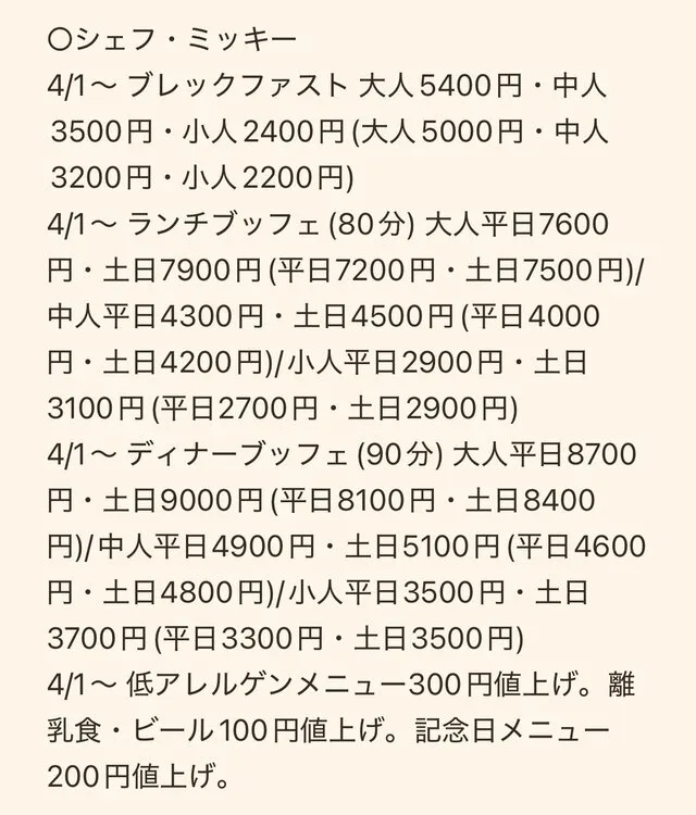 シェフ・ミッキーの朝食・ランチ・ディナービュッフェの料金改定を記した案内