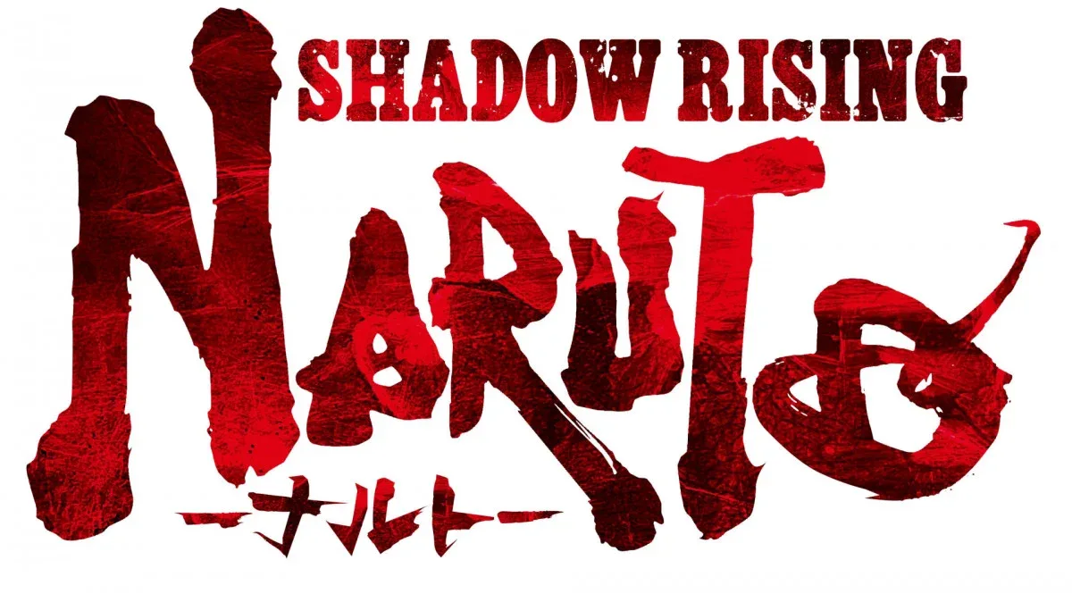 白地に赤黒い文字で「SHADOW RISING」「NARUTO」と描かれたロゴ