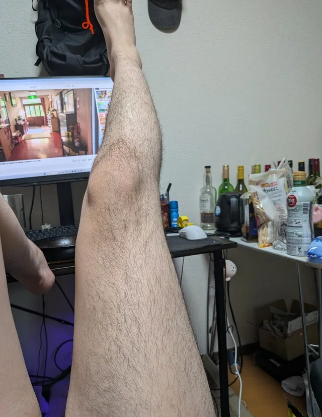 室内で毛深い脚を高く上げている様子