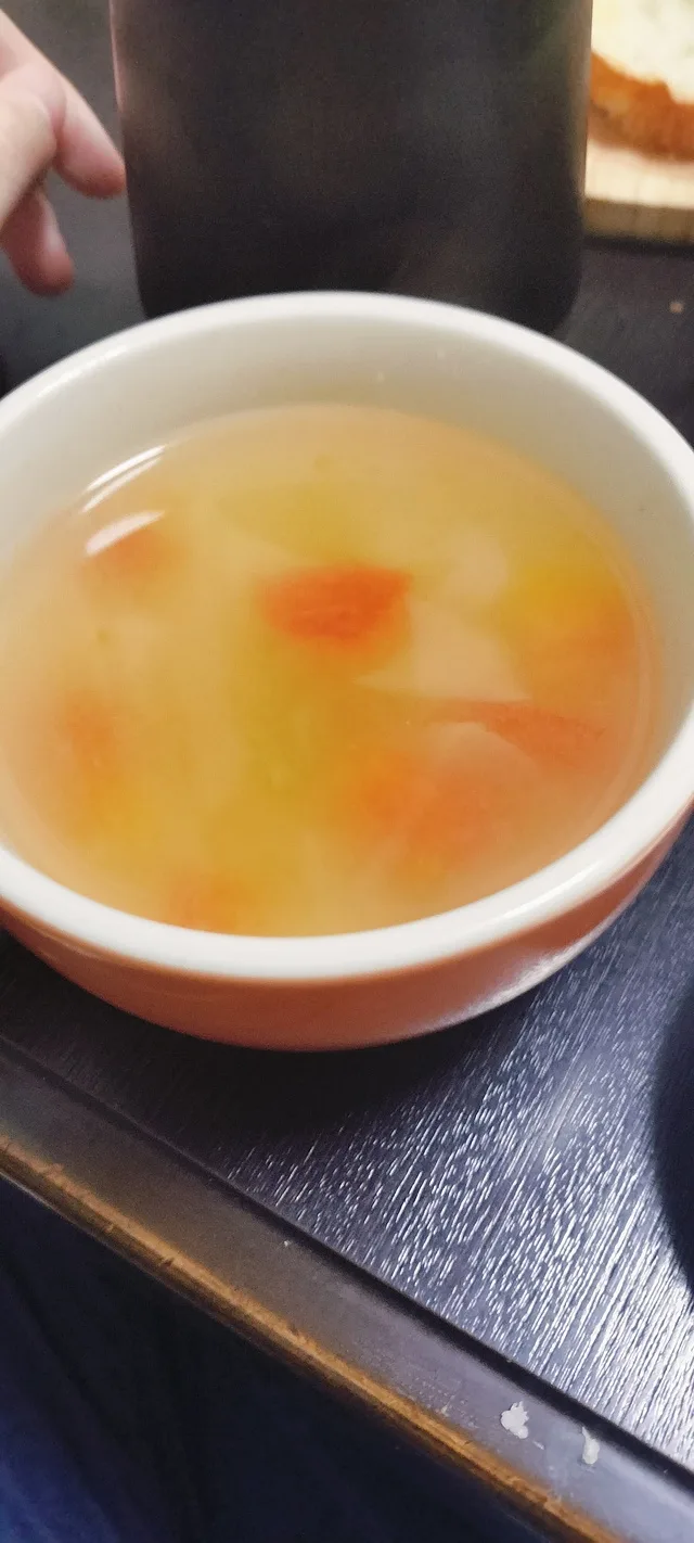 赤い具材が浮かぶスープの入った器