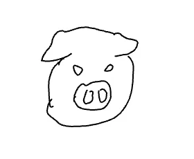 白地に描かれた、帽子のような形をかぶった豚の顔の線画