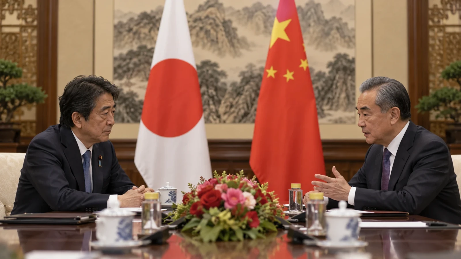日本と中国の国旗を背に、テーブルで向かい合って話す2人の男性