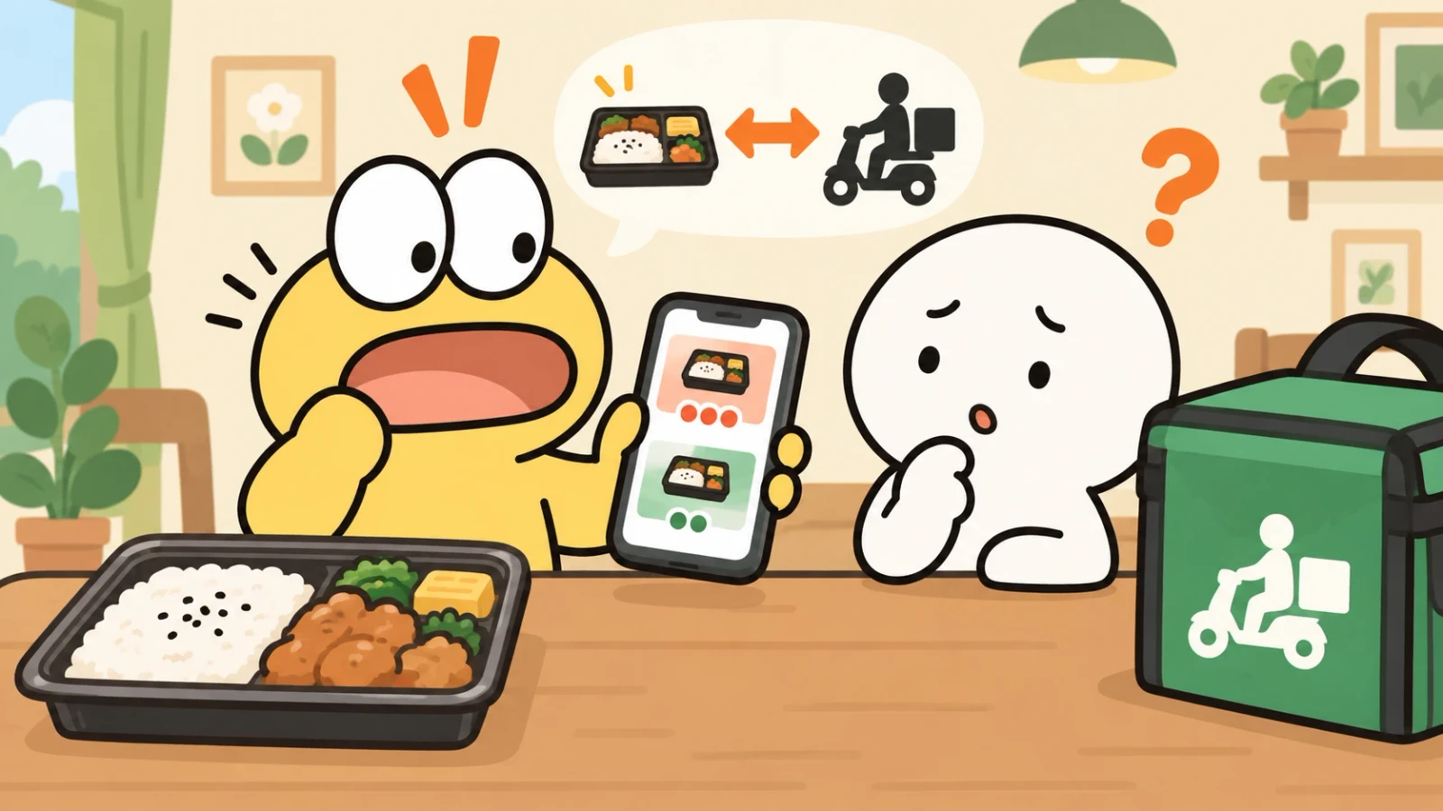 弁当とスマホ、配達バッグを前に、配達サービスを考えるキャラクターのイラスト