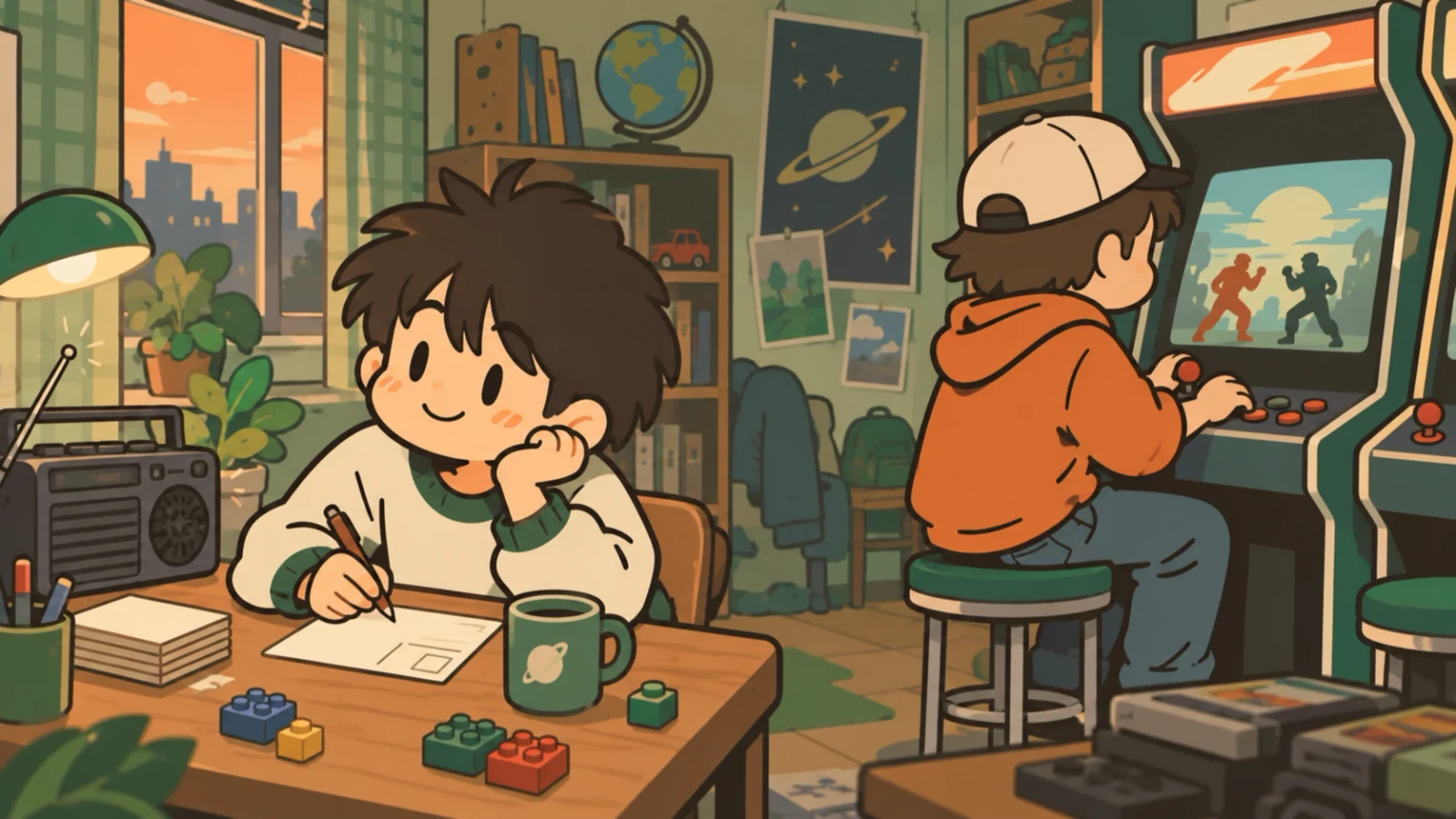 机で紙に書き物をする子どもと、アーケードゲームで遊ぶ子どものイラスト