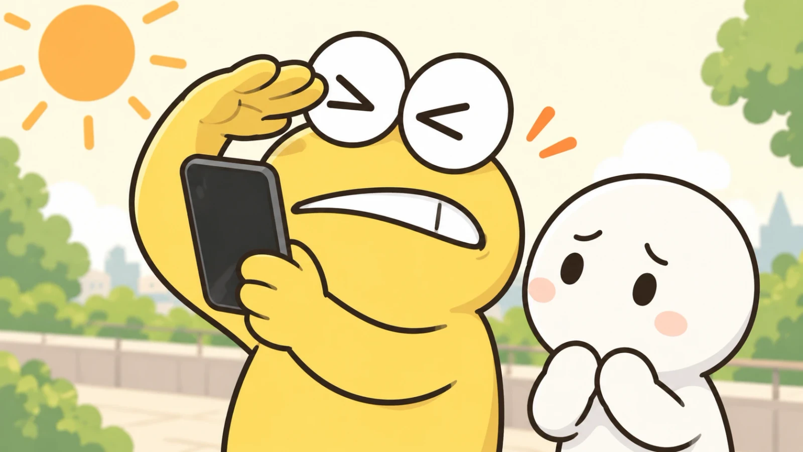 強い日差しの屋外で、スマホを持ち目を細める黄色いキャラクターと、心配そうに見つめる白いキャラクター