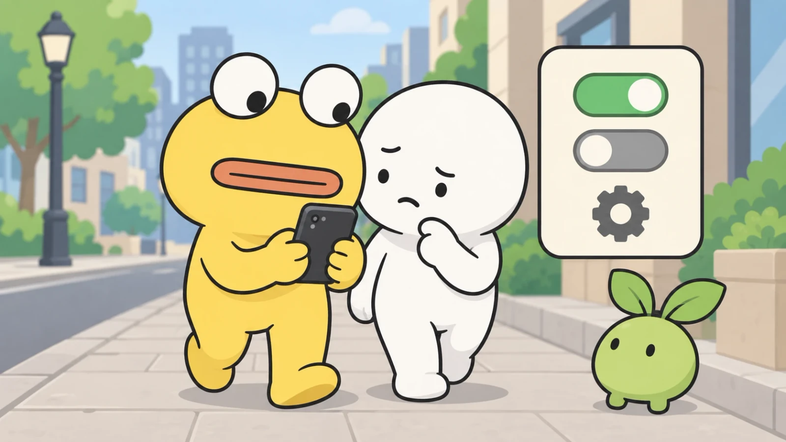 黄色と白のキャラクターが街中でスマートフォンを見ているイラスト