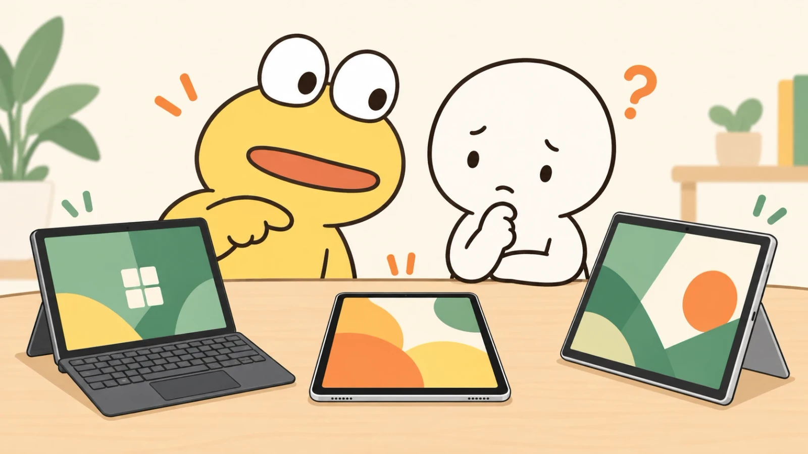机の上のタブレット端末を前に、黄色いキャラクターと考え込む白いキャラクターが並ぶイラスト