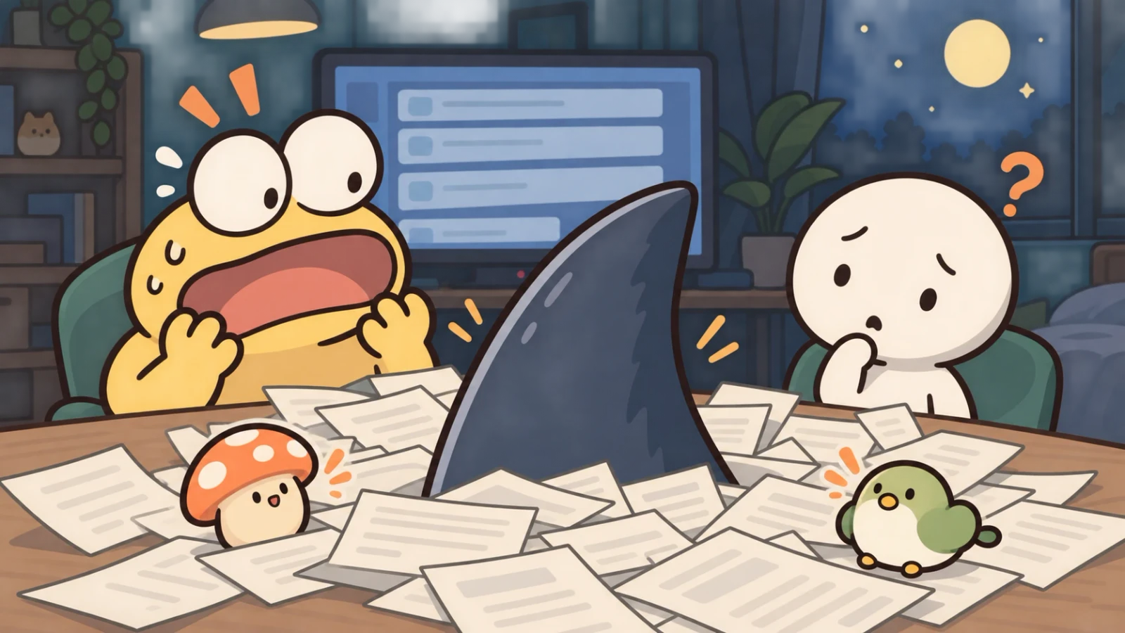 机いっぱいの書類を前に、驚く黄色いキャラクターと困惑する白いキャラクターのイラスト