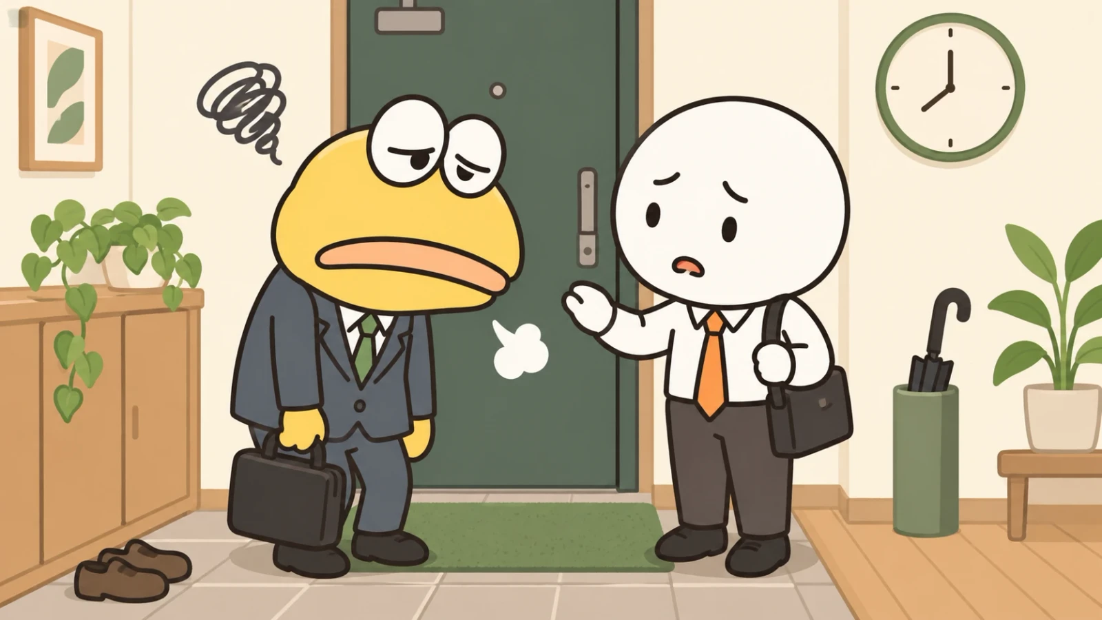 玄関で、かばんを持った黄色い人物に白い人物が手を差し出して話しかけるイラスト